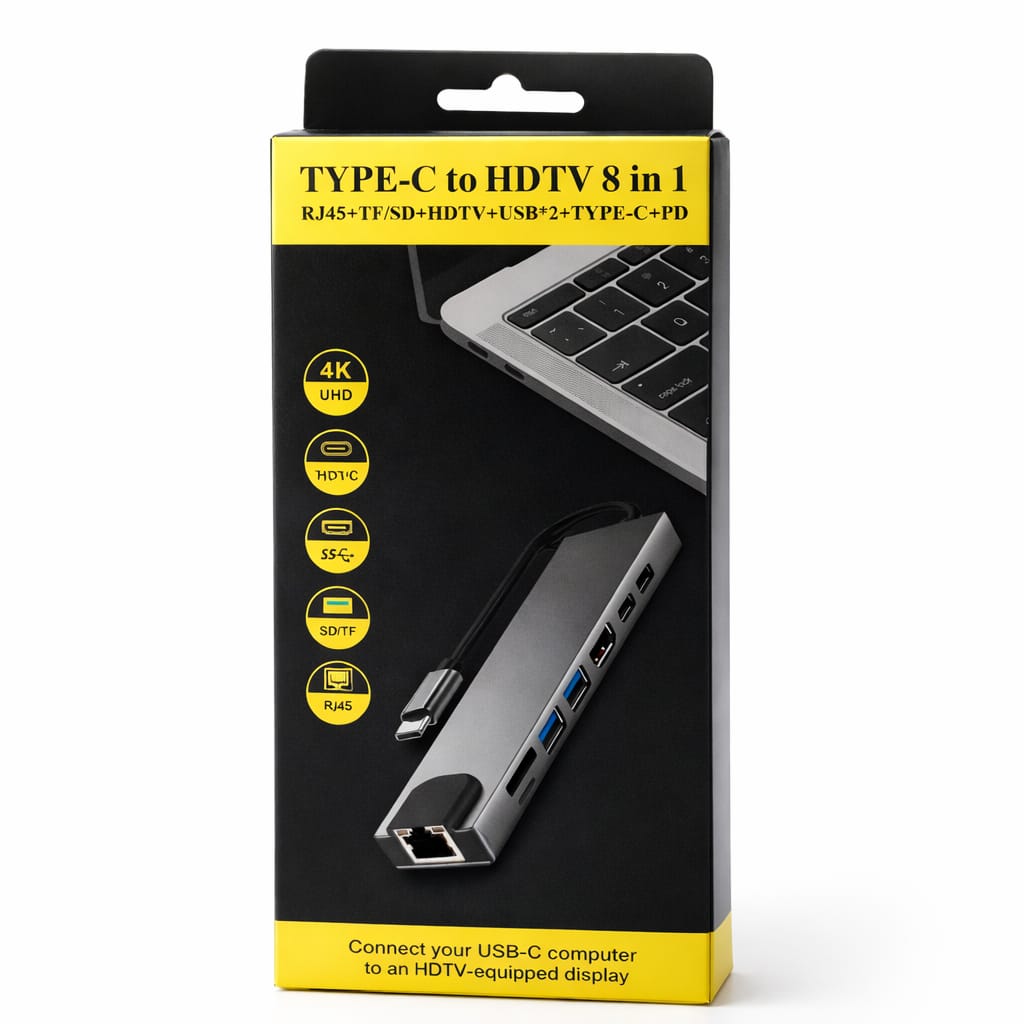Hub USB Tipo C 8 en 1 4K HDMI RJ45 USB 3.0 SD TF PD Carga Rápida